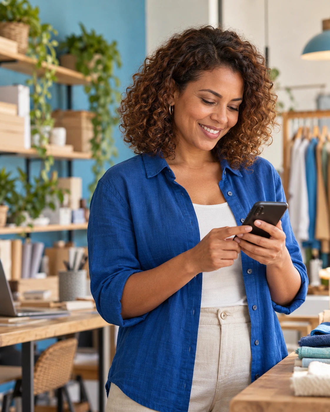 Empresária acompanhando sua operação pelo celular em seu negócio